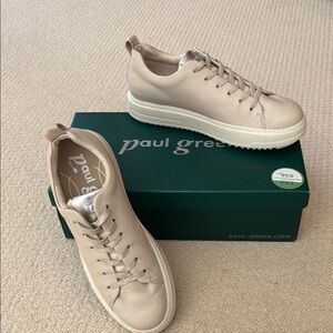 Paul Green Beige/Silver Accents Leather Platform Sneakers with Elastic Laces